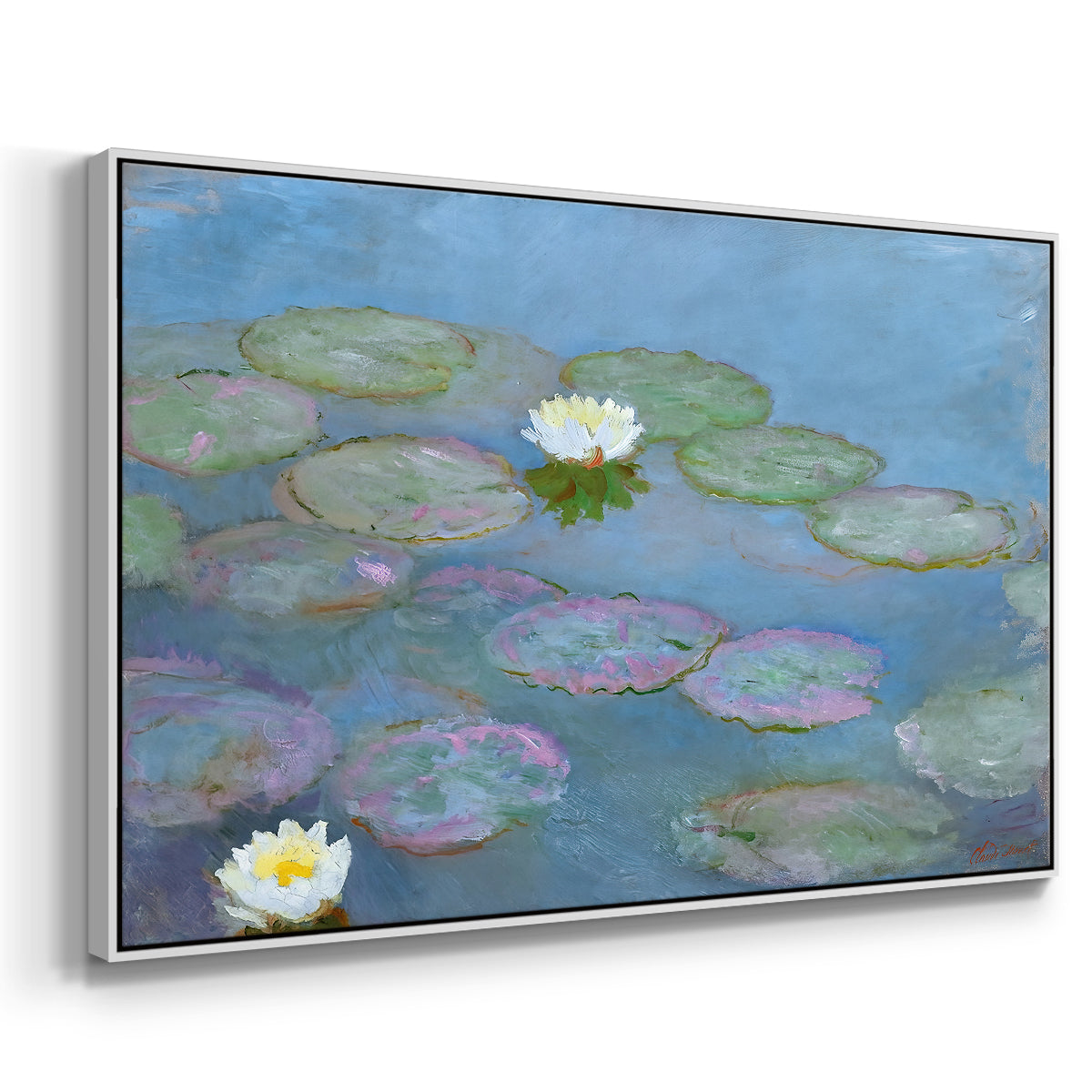 Angled view of Water Lilies (Nymphéas), 1897-1899 by Claude Monet in a white floater framed canvas.
