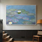 White floater framed canvas featuring a close-up of aquatic plants in still water, displayed in a hallway near a staircase.