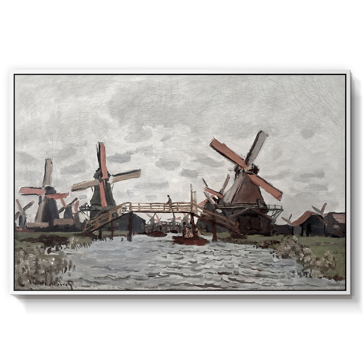 Windmills near Zaandam, 1871 by Claude Monet in a white floater framed canvas wall art display.