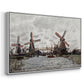 Angled view of Windmills near Zaandam, 1871 by Claude Monet in a white floater framed canvas.