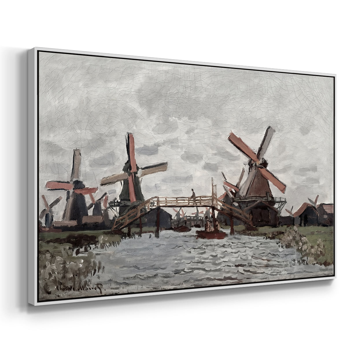 Angled view of Windmills near Zaandam, 1871 by Claude Monet in a white floater framed canvas.