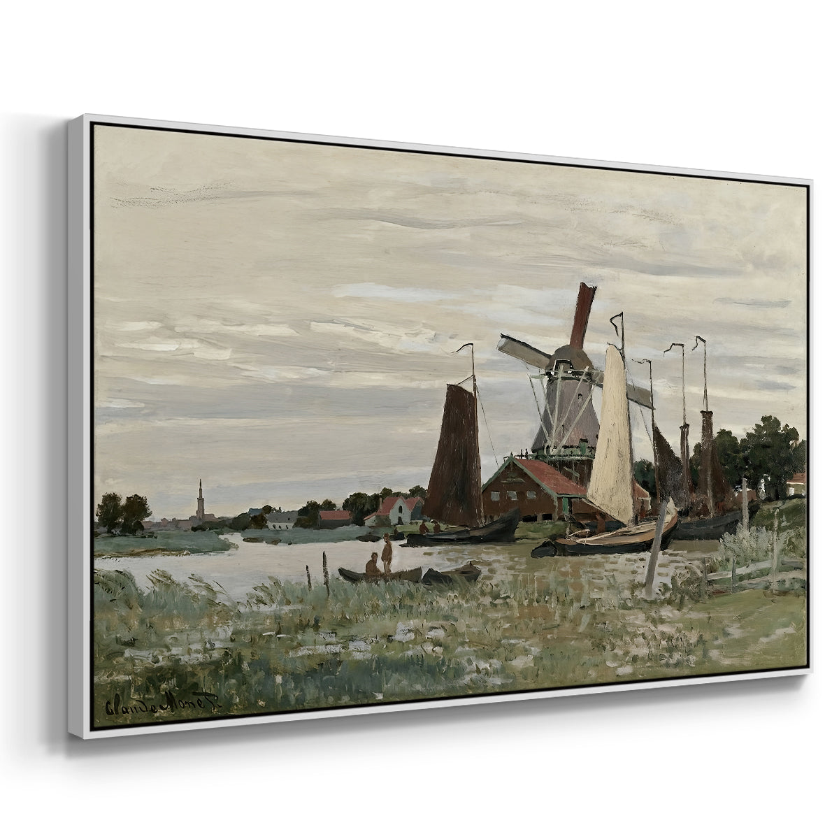 Angled view of Windmill at Zaandam, 1871 by Claude Monet in a white floater framed canvas.