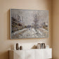 White floater framed canvas of The Boulevard de Pontoise at Argenteuil, Snow Effect, 1875 by Claude Monet, featuring an impressionist winter scene with road and bare trees above a console cabinet in a minimalist entryway.