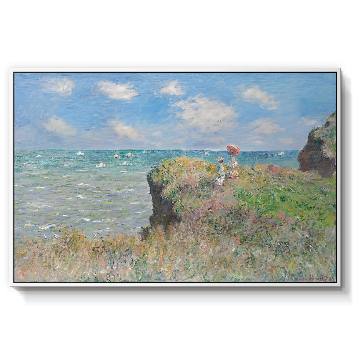 The Cliff Walk at Pourville, 1882 by Claude Monet in a white floater framed canvas wall art display.
