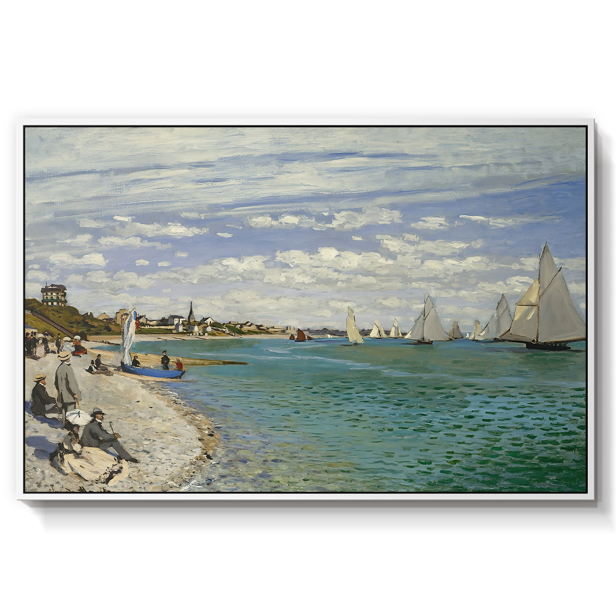 Regatta at Sainte-Adresse, 1867 by Claude Monet in a white floater framed canvas wall art display.