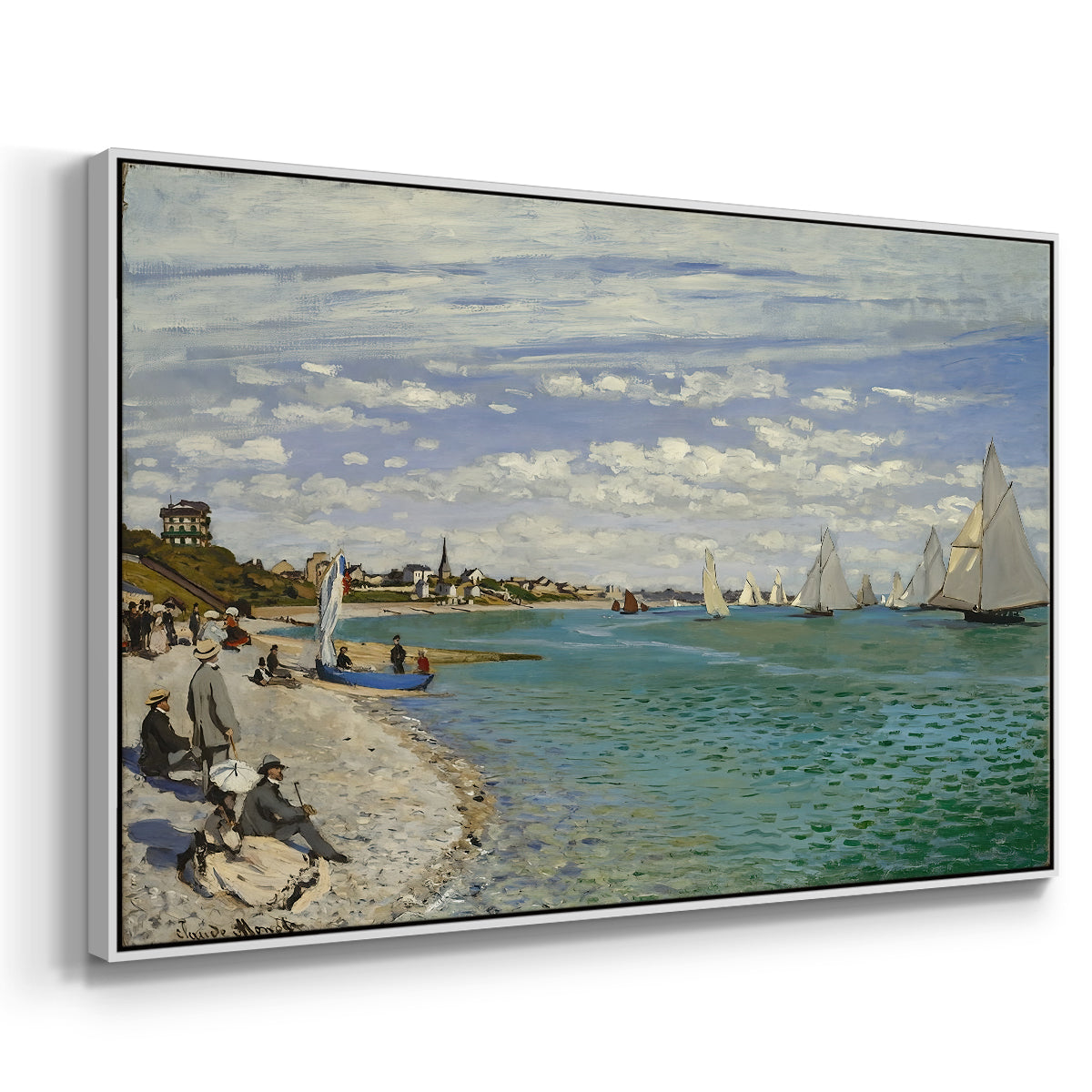 Angled view of Regatta at Sainte-Adresse, 1867 by Claude Monet in a white floater framed canvas.