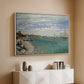 White floater framed canvas of Regatta at Sainte-Adresse, 1867 by Claude Monet, featuring a lively regatta scene with boats and people on beach above a console cabinet in a minimalist entryway.