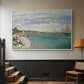 White floater framed canvas featuring a nautical scene with boats racing near seaside town, displayed in a hallway near a staircase.