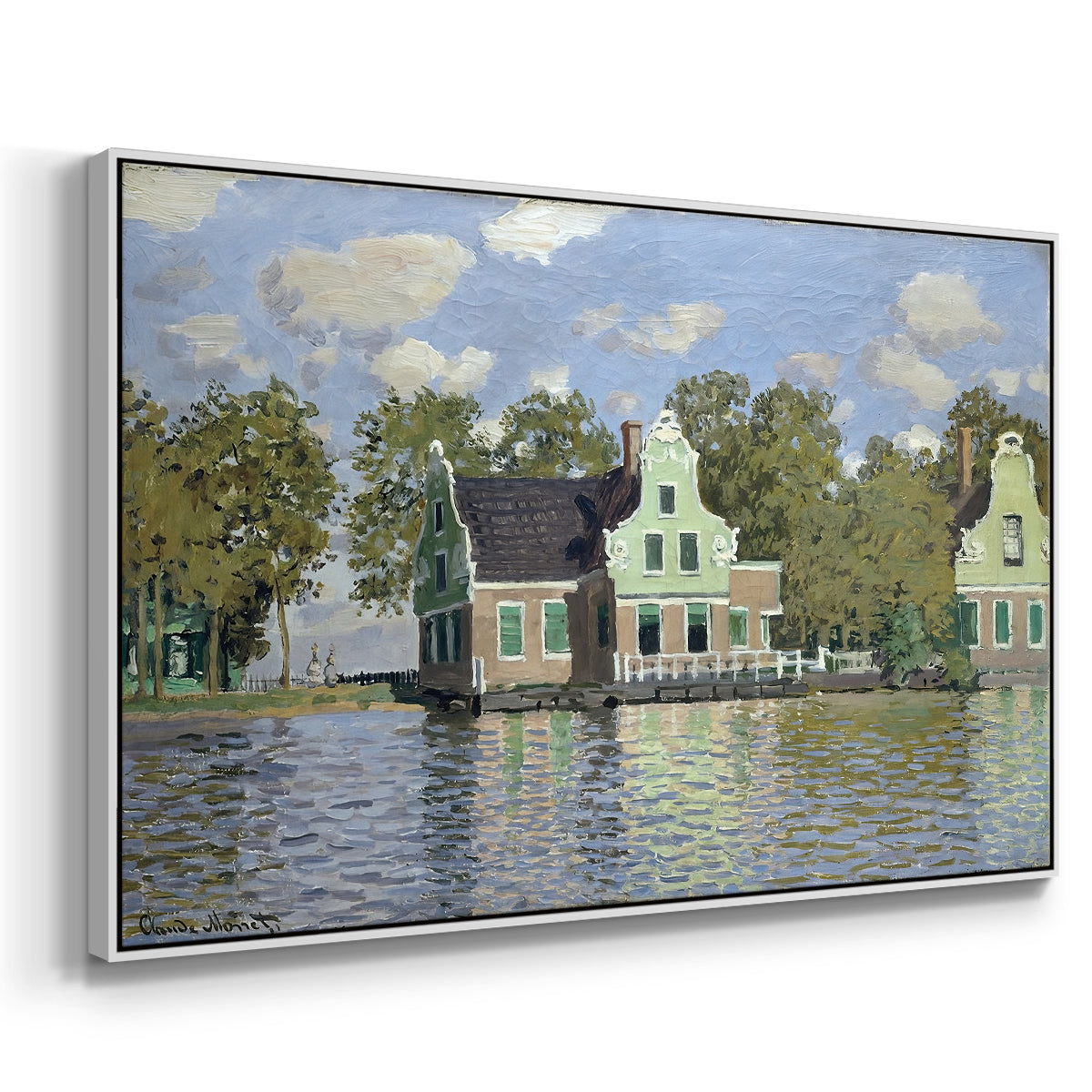 Angled view of Houses on the Zaan River at Zaandam, 1871 by Claude Monet in a white floater framed canvas.