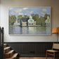 White floater framed canvas featuring a waterfront architecture with still reflections, displayed in a hallway near a staircase.