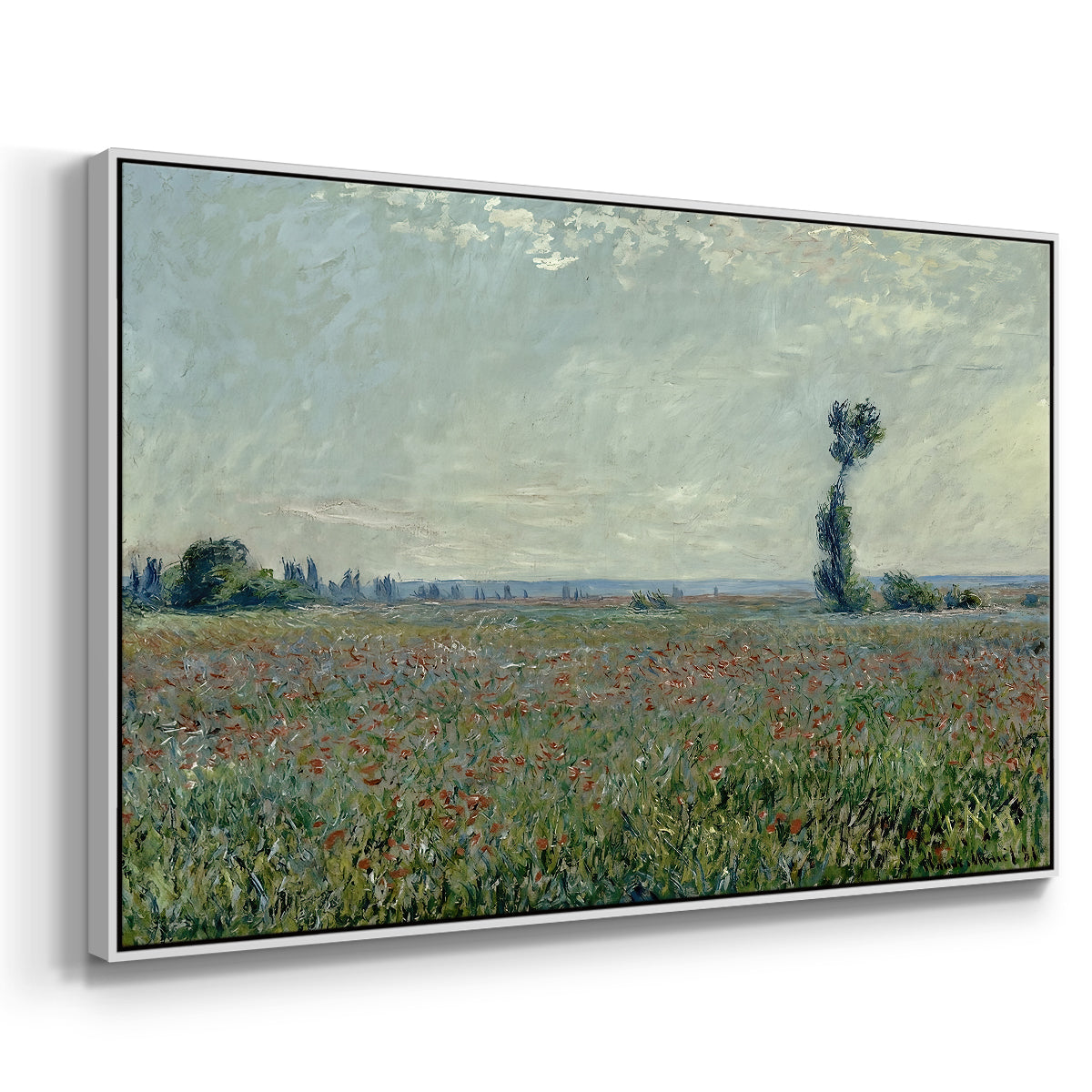 Angled view of Poppy Field, 1881 by Claude Monet in a white floater framed canvas.