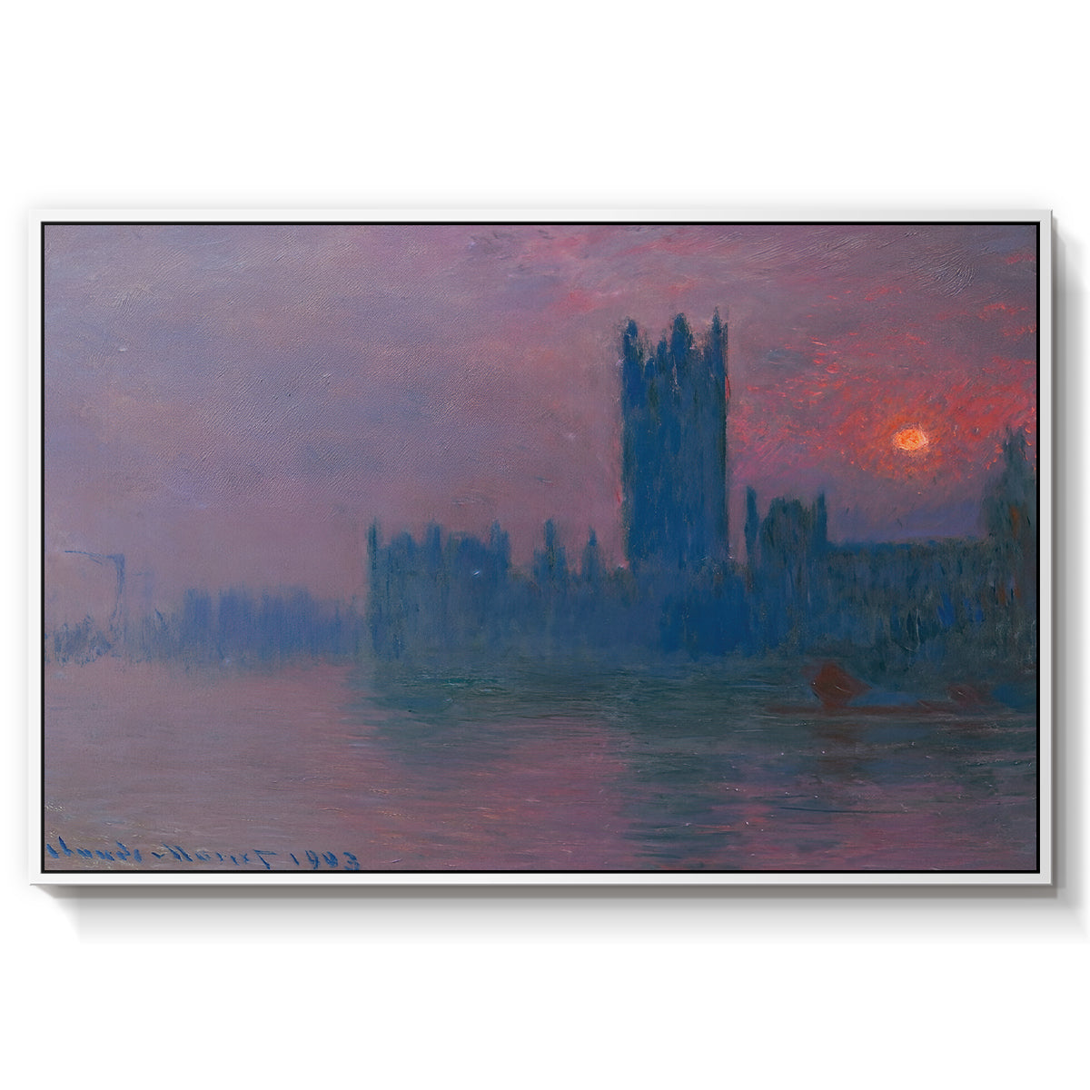 The Houses of Parliament, Sunset, 1903 by Claude Monet in a white floater framed canvas wall art display.