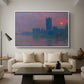 The Houses of Parliament, Sunset, 1903 by Claude Monet as a white floater framed canvas featuring a silhouette of Parliament buildings against glowing sunset across river, displayed above a sofa in a modern living room.