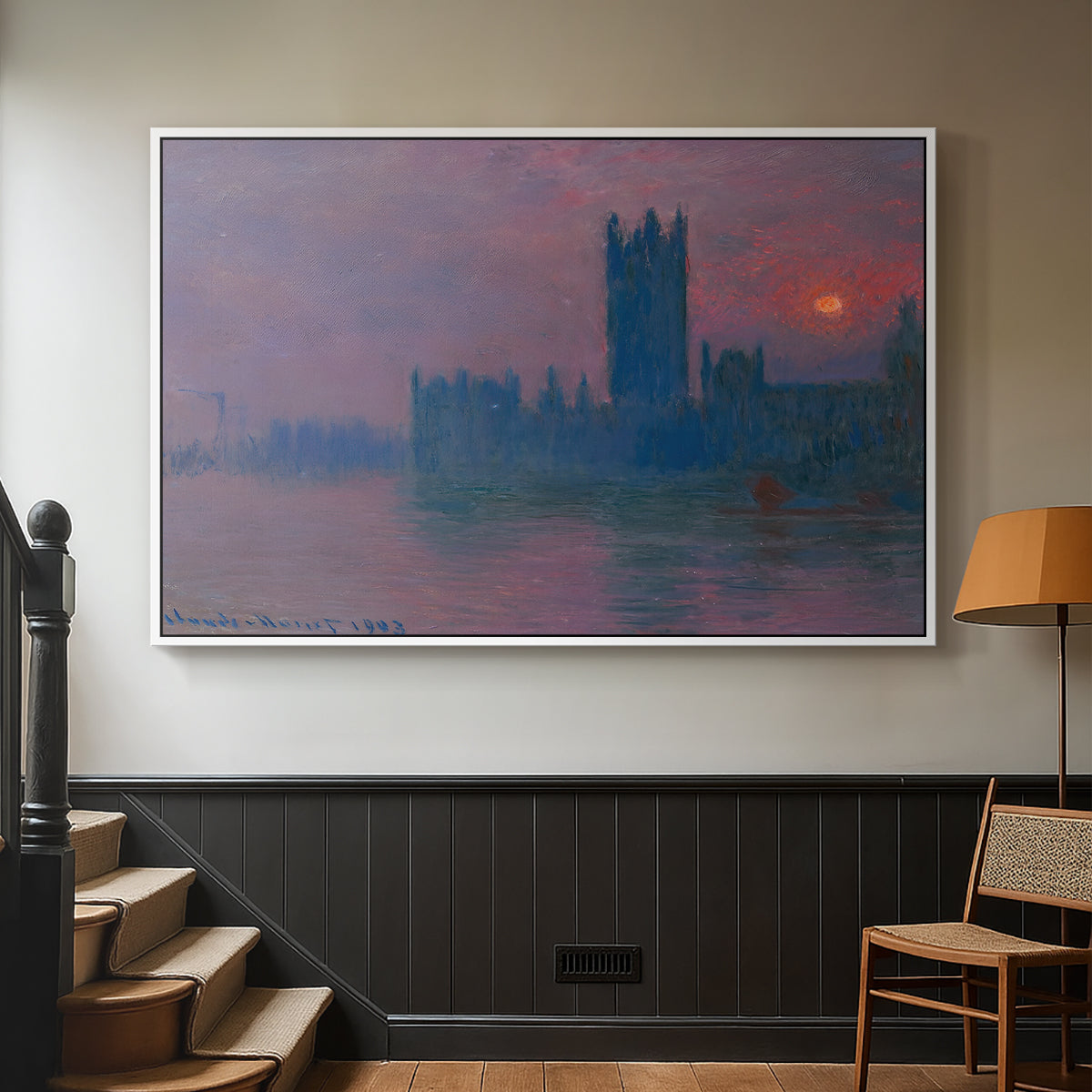 White floater framed canvas featuring a dramatic skyline with reflections under colorful sky, displayed in a hallway near a staircase.