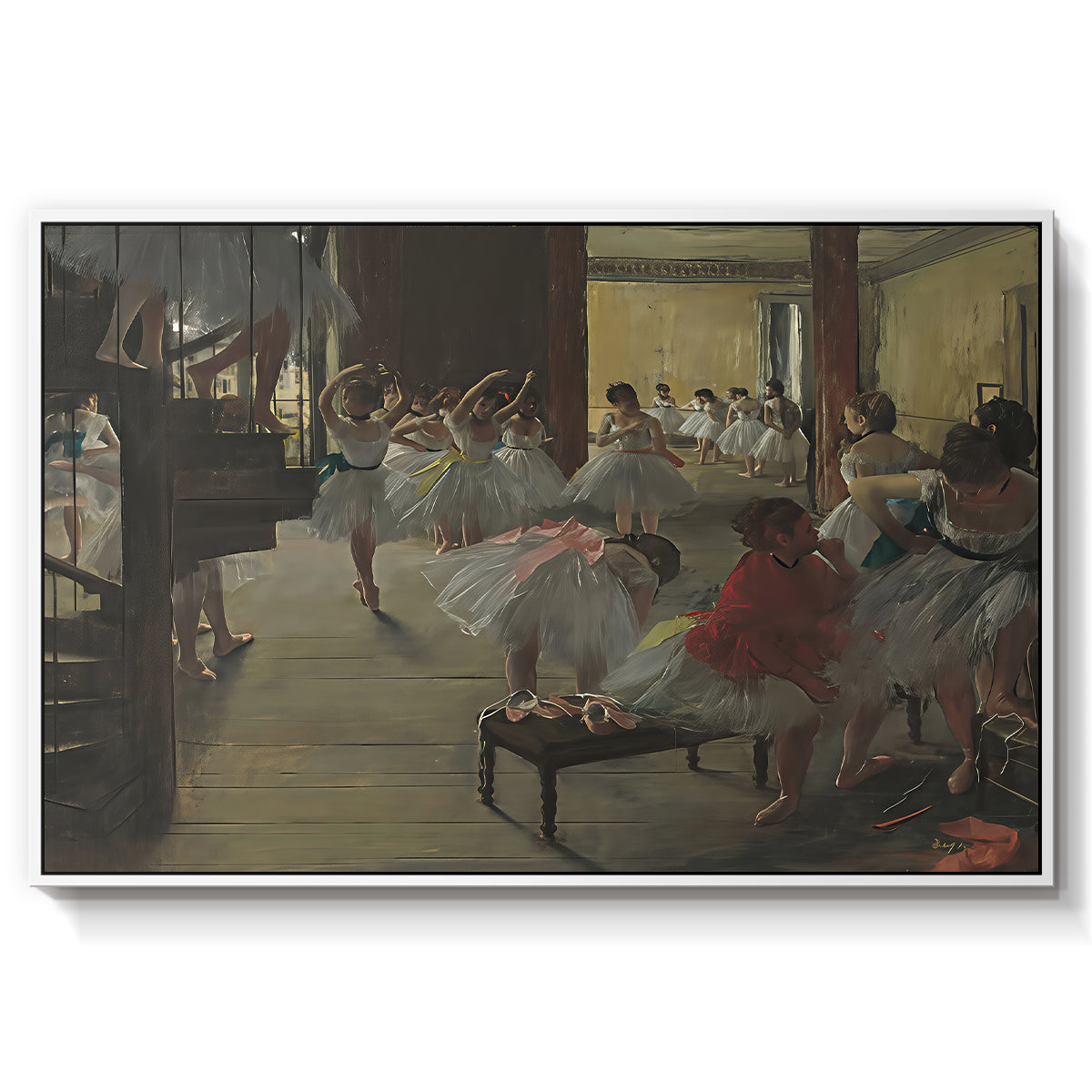 The Dance Class, c. 1873 by Edgar Degas in a white floater framed canvas wall art display.