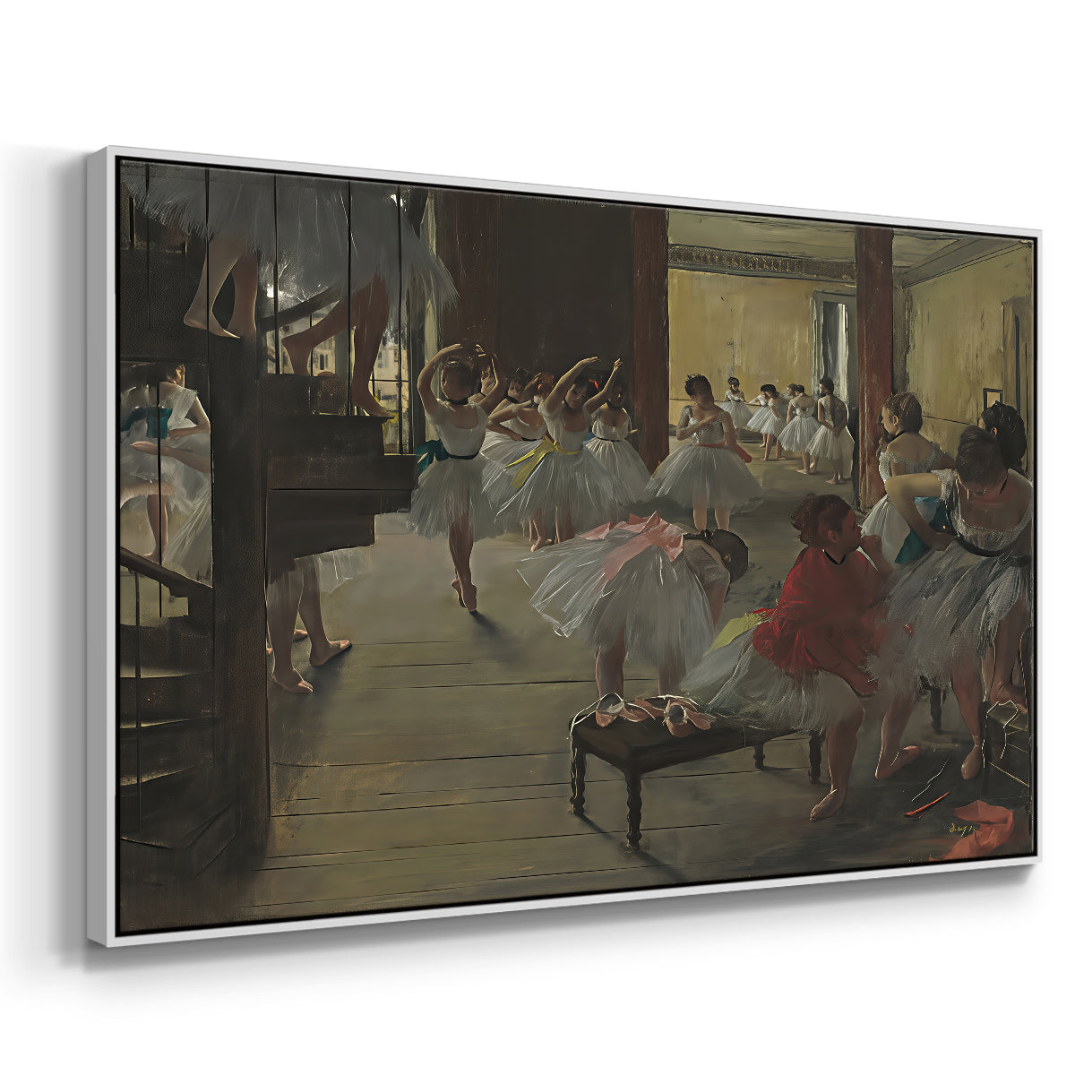 Angled view of The Dance Class, c. 1873 by Edgar Degas in a white floater framed canvas.