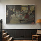 White floater framed canvas featuring a group of dancers preparing during class with natural light, displayed in a hallway near a staircase.