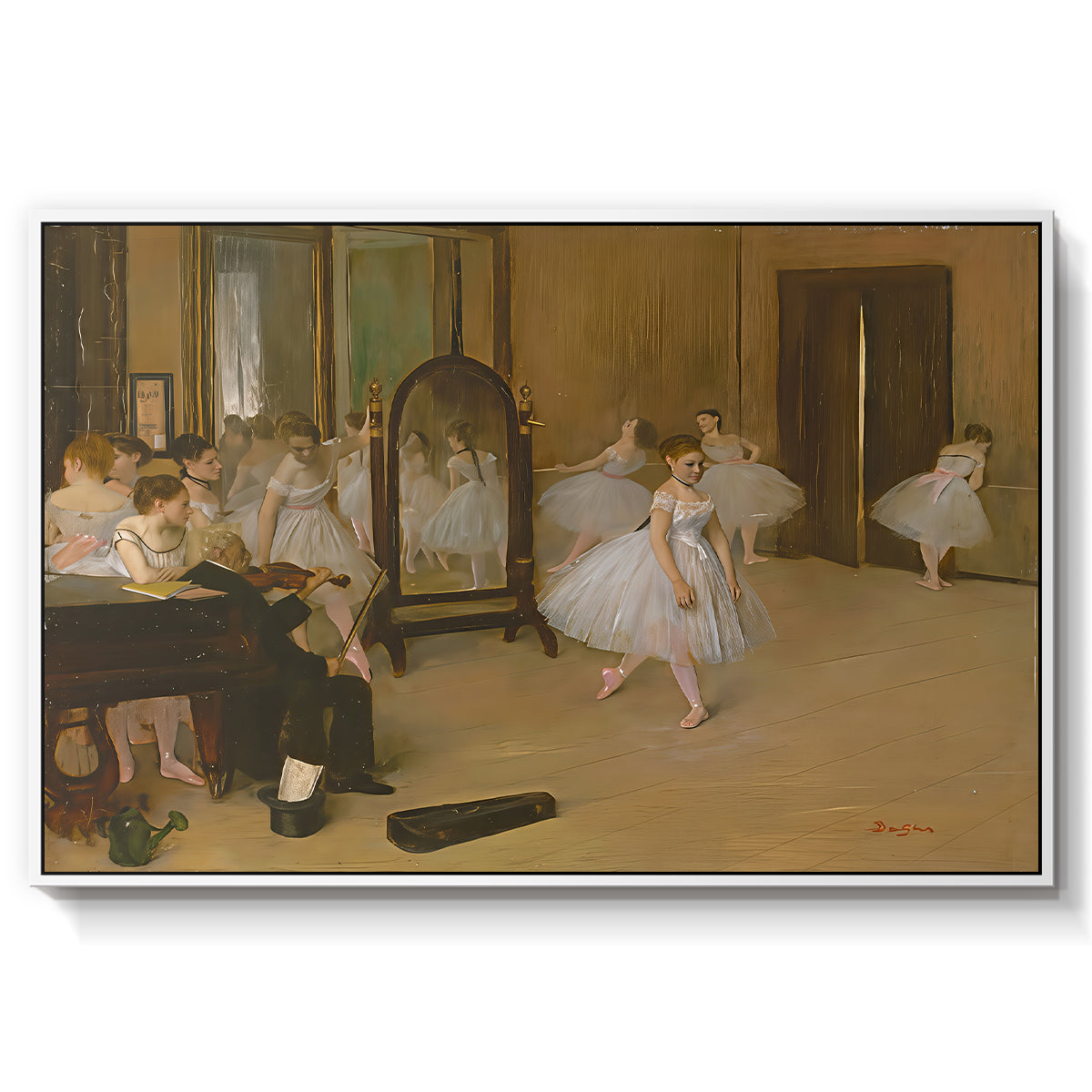 The Dancing Class, c. 1870 by Edgar Degas in a white floater framed canvas wall art display.