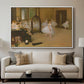 The Dancing Class, c. 1870 by Edgar Degas displayed in a white floater framed canvas above a sofa in a clean living room.