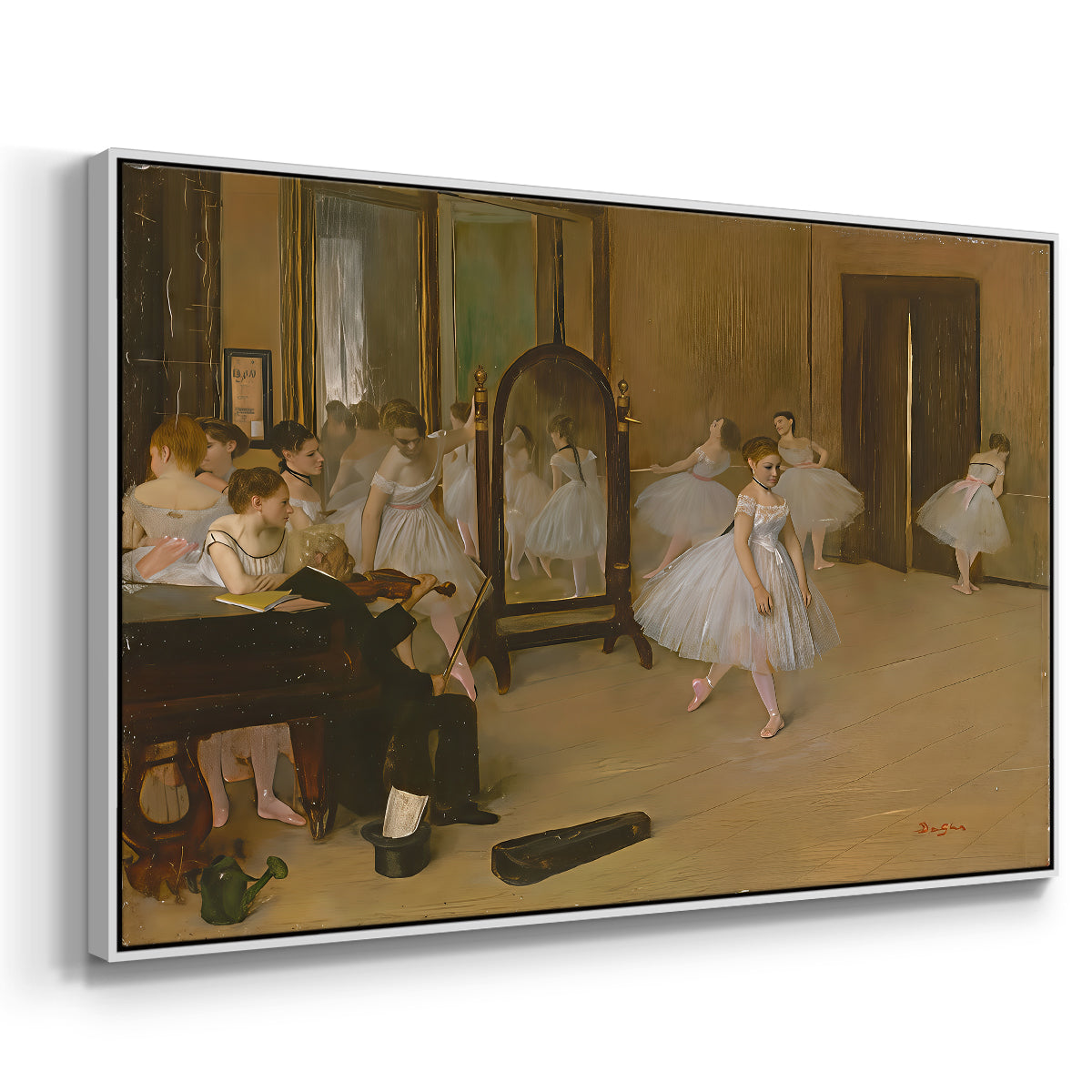 Angled view of The Dancing Class, c. 1870 by Edgar Degas in a white floater framed canvas.