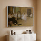 White floater framed canvas of The Dancing Class, c. 1870 by Edgar Degas, featuring a rehearsal scene with ballerinas in tutus arranged in studio above a console cabinet in a minimalist entryway.