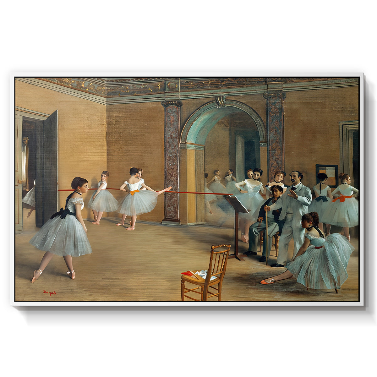 The Dance Foyer at the Opera on the Rue Le Peletier, 1872 by Edgar Degas in a white floater framed canvas wall art display.