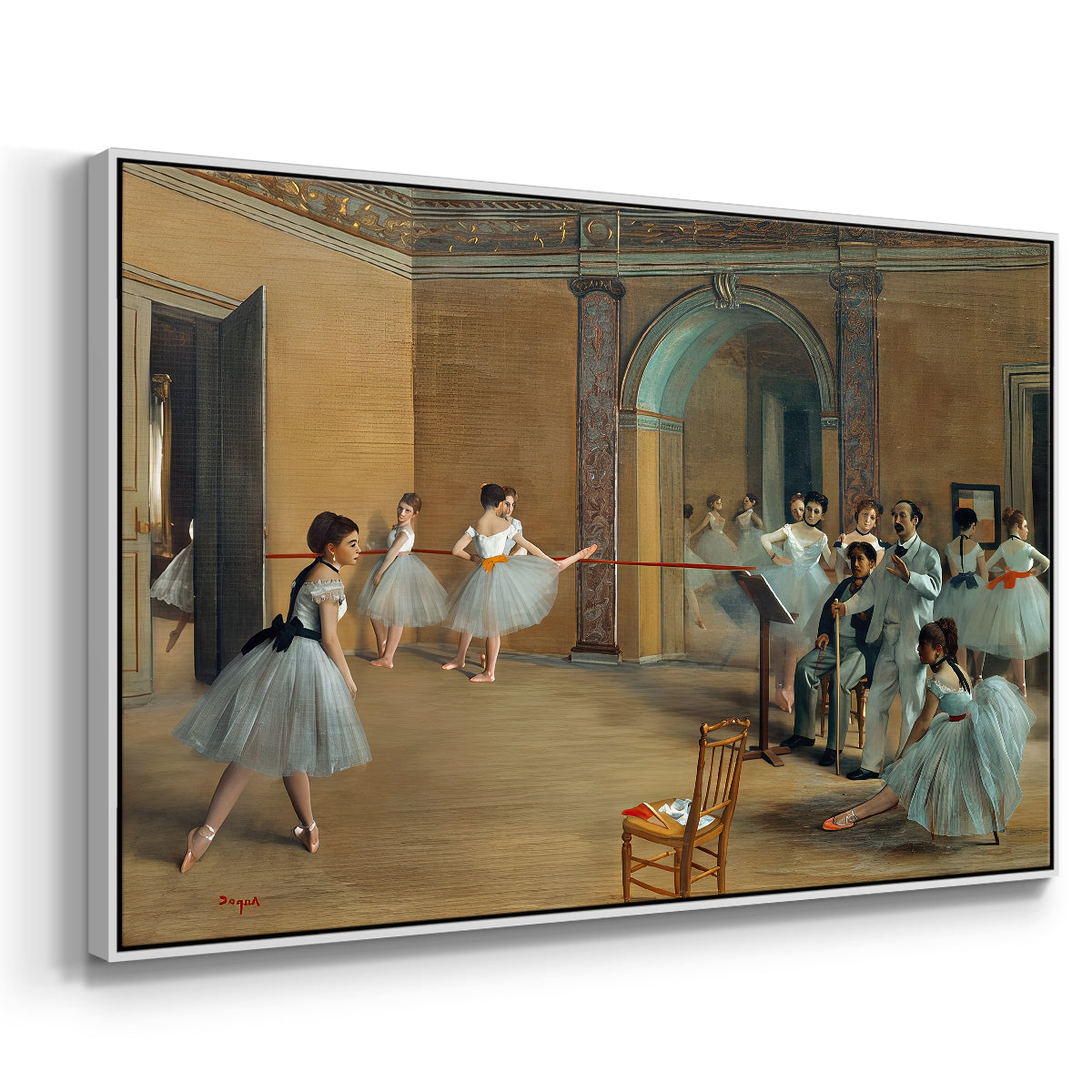 Angled view of The Dance Foyer at the Opera on the Rue Le Peletier, 1872 by Edgar Degas in a white floater framed canvas.