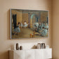 White floater framed canvas of The Dance Foyer at the Opera on the Rue Le Peletier, 1872 by Edgar Degas, featuring an interior scene of dancers waiting and stretching in large studio above a console cabinet in a minimalist entryway.