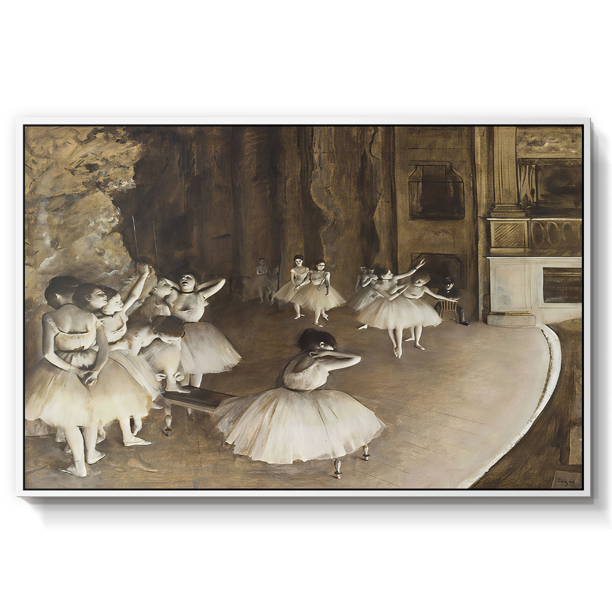 The Rehearsal of the Ballet Onstage, 1874 by Edgar Degas in a white floater framed canvas wall art display.