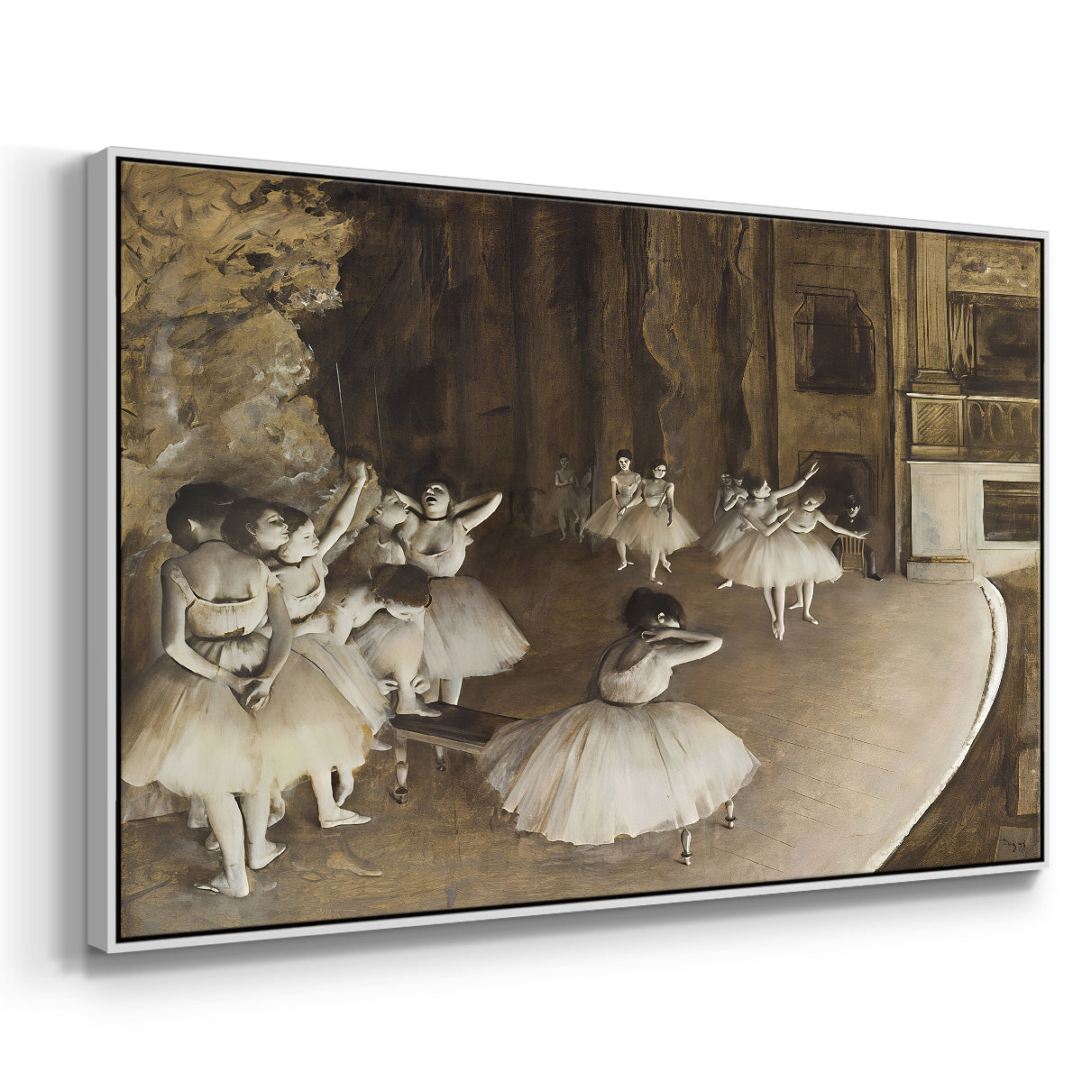 Angled view of The Rehearsal of the Ballet Onstage, 1874 by Edgar Degas in a white floater framed canvas.
