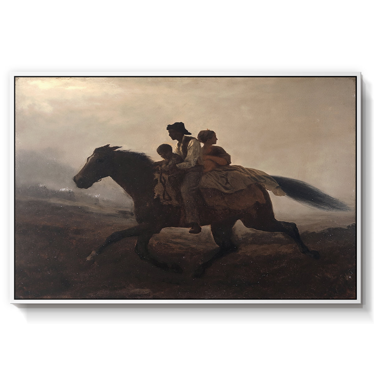 A Ride for Liberty – The Fugitive Slaves, c. 1862 by Eastman Johnson in a white floater framed canvas wall art display.
