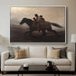 A Ride for Liberty – The Fugitive Slaves, c. 1862 by Eastman Johnson displayed in a white floater framed canvas above a sofa in a clean living room.