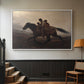 White floater framed canvas featuring figures on horse moving swiftly through shadowy landscape, displayed in a hallway near a staircase.