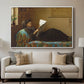 Interesting News, 1872 by Eastman Johnson displayed in a white floater framed canvas above a sofa in a clean living room.