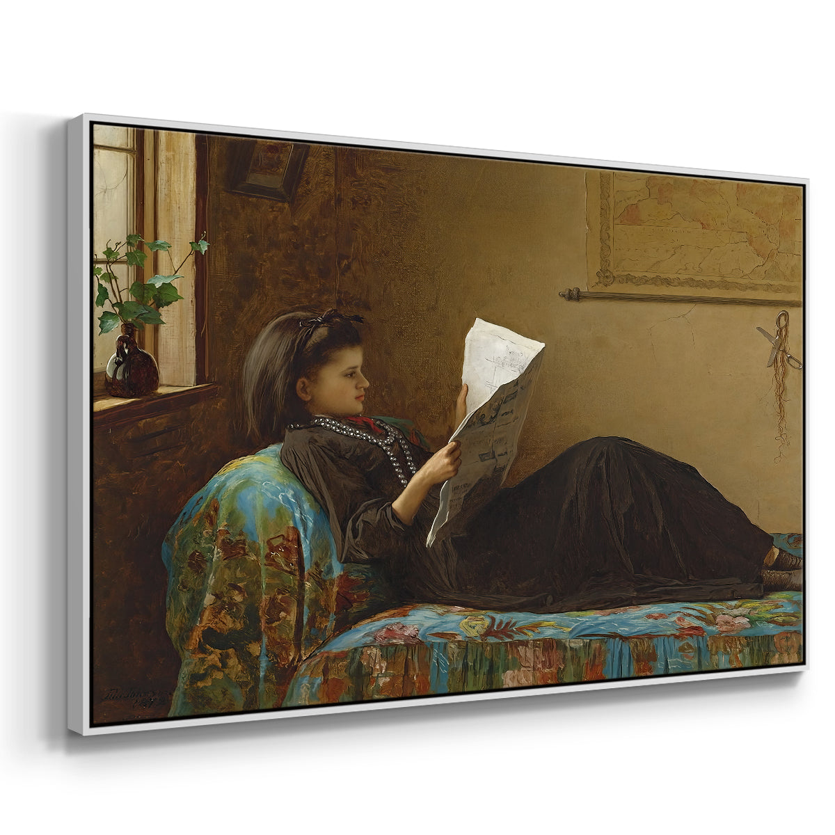 Angled view of Interesting News, 1872 by Eastman Johnson in a white floater framed canvas.