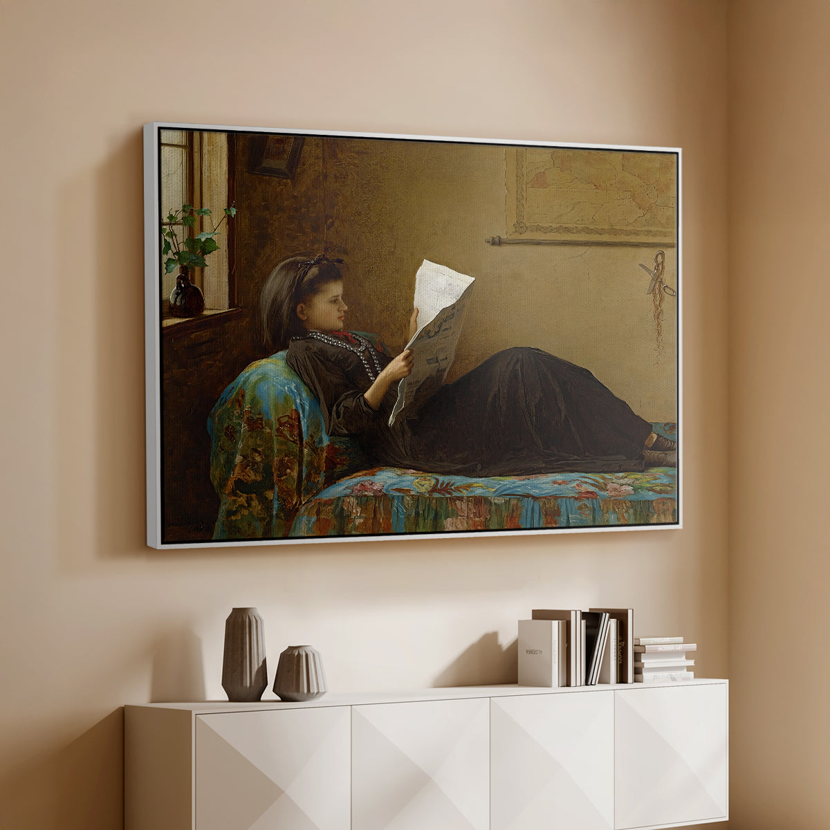 White floater framed canvas of Interesting News, 1872 by Eastman Johnson, featuring a domestic scene with figures reacting to shared news above a console cabinet in a minimalist entryway.
