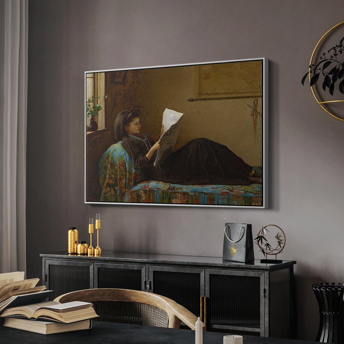Interesting News, 1872 by Eastman Johnson in a white floater framed canvas featuring an Americana interior with people focused on printed page, displayed above a desk in a dark home office interior.