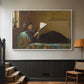 White floater framed canvas featuring a casual gathering around newspaper in rustic room, displayed in a hallway near a staircase.