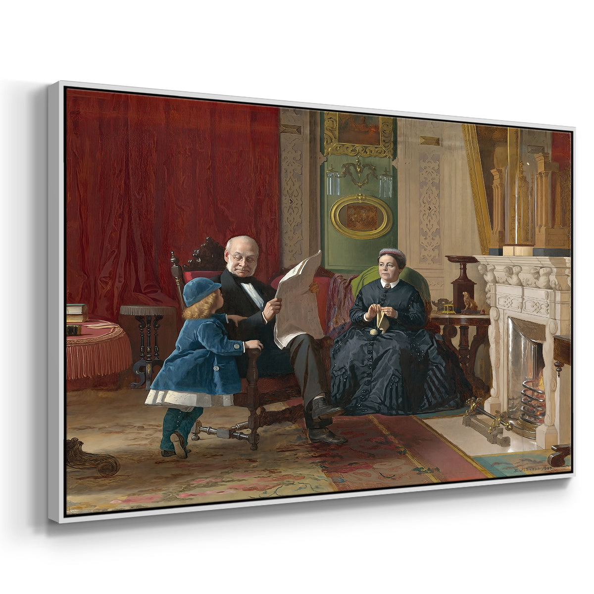 Angled view of The Brown Family, 1869 by Eastman Johnson in a white floater framed canvas.