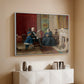 White floater framed canvas of The Brown Family, 1869 by Eastman Johnson, featuring a domestic portrait of group gathered in modest home setting above a console cabinet in a minimalist entryway.