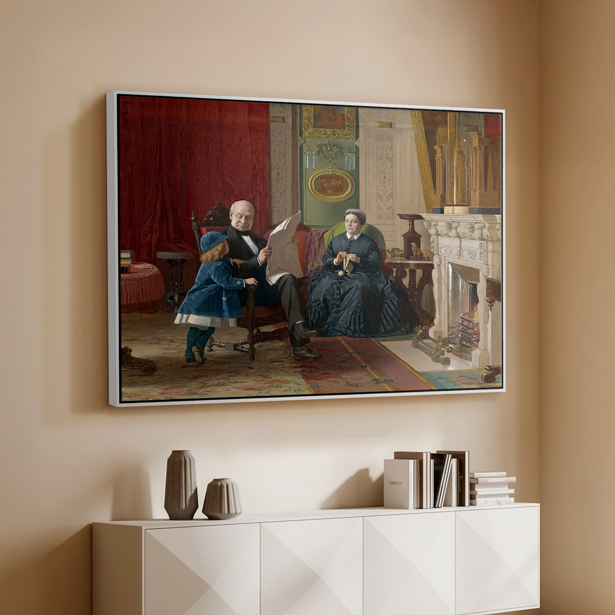 White floater framed canvas of The Brown Family, 1869 by Eastman Johnson, featuring a domestic portrait of group gathered in modest home setting above a console cabinet in a minimalist entryway.