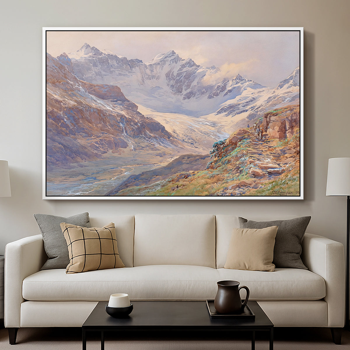 Odenwinklkees with the Johannisberg, 1902 by Edward Theodore Compton displayed in a white floater framed canvas above a sofa in a clean living room.