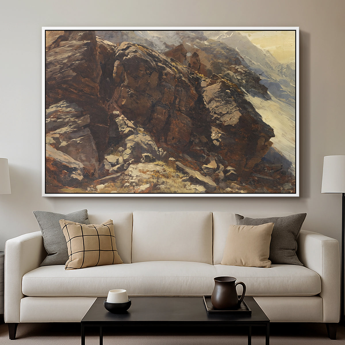 High Mountain Study, c. 1870 by Edward Theodore Compton displayed in a white floater framed canvas above a sofa in a clean living room.
