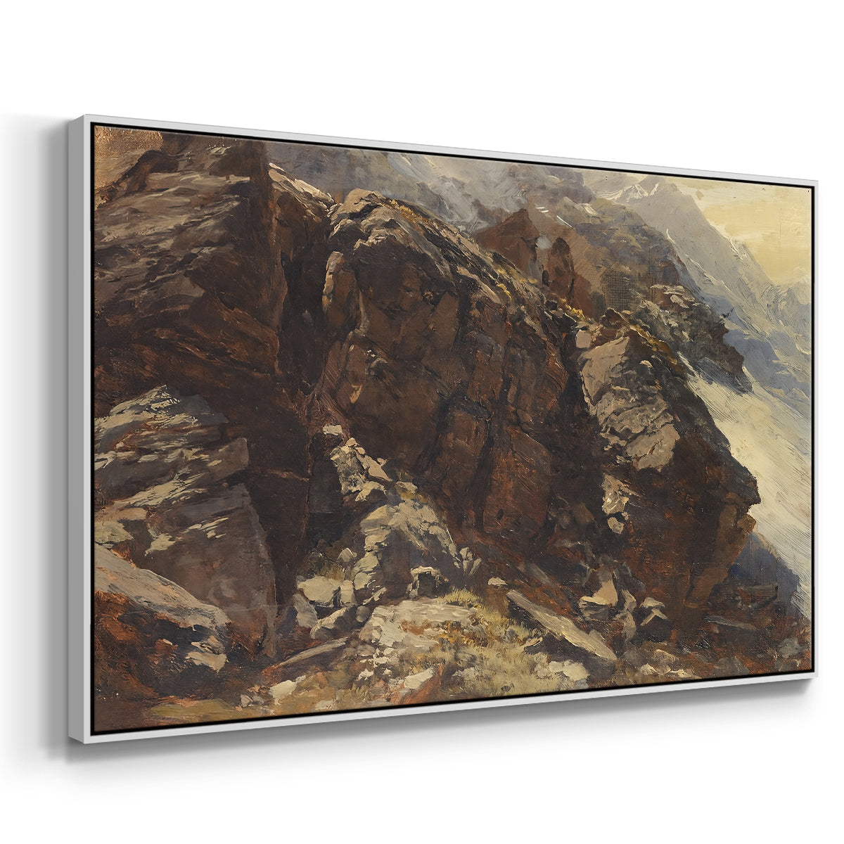 Angled view of High Mountain Study, c. 1870 by Edward Theodore Compton in a white floater framed canvas.