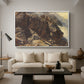 High Mountain Study, c. 1870 by Edward Theodore Compton as a white floater framed canvas featuring a rocky alpine terrain with steep slopes and distant mountain peaks, displayed above a sofa in a modern living room.