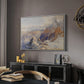 Col du Géant, 1903 by Edward Theodore Compton in a white floater framed canvas featuring a panoramic alpine view with snow and rocky cliffs, displayed above a desk in a dark home office interior.