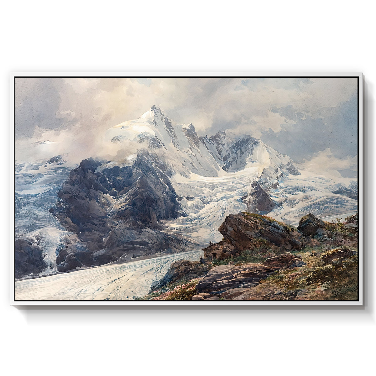 The Grossglockner, 1880 by Edward Theodore Compton in a white floater framed canvas wall art display.