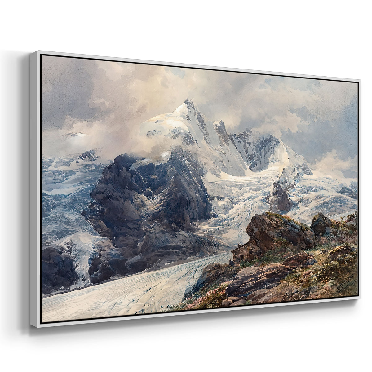 Angled view of The Grossglockner, 1880 by Edward Theodore Compton in a white floater framed canvas.