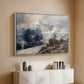White floater framed canvas of The Grossglockner, 1880 by Edward Theodore Compton, featuring a dramatic mountain summit with snow and rugged slopes above a console cabinet in a minimalist entryway.