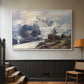 White floater framed canvas featuring an alpine peak dominating surrounding terrain, displayed in a hallway near a staircase.